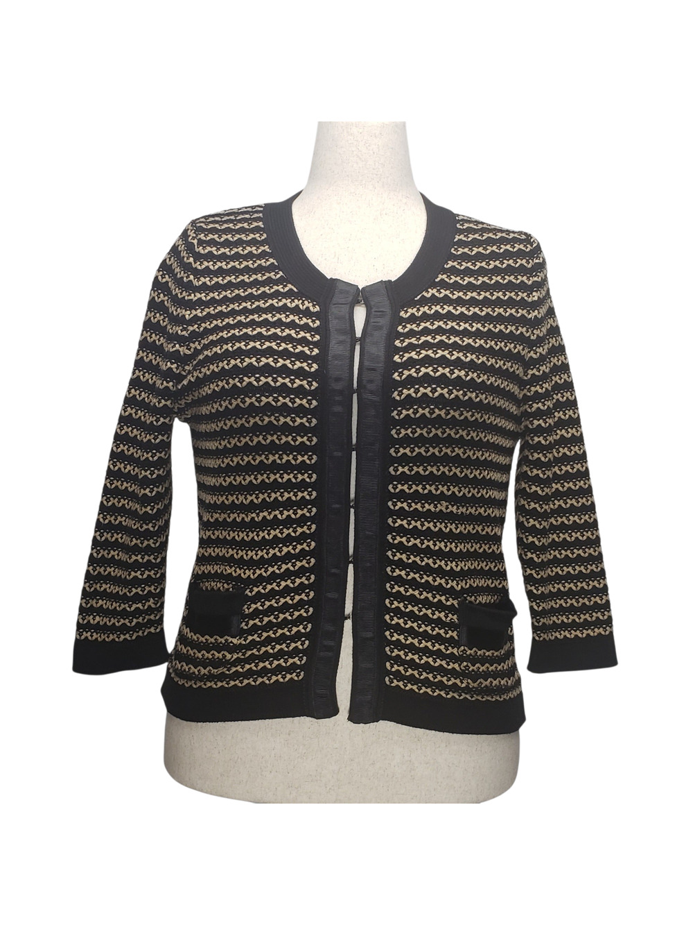 M&S Vintage Stripe Knit Jacket Ribbon Trim Cardigan Parisian French Girl US 14